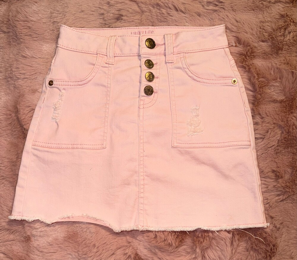 Justice Pink Denim Mini Skort Size 10 Button Front Distressed
